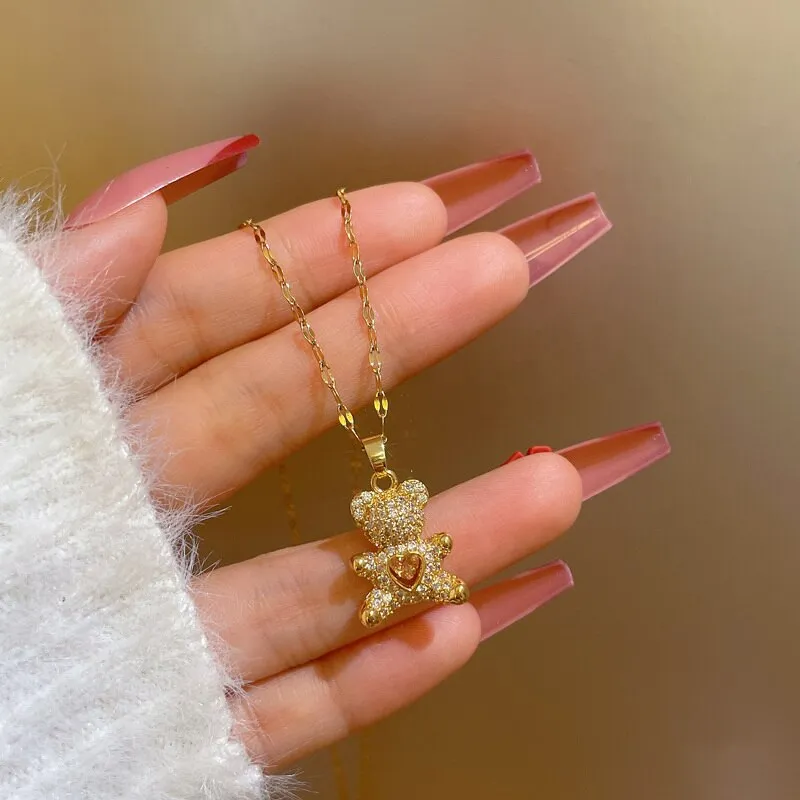 Korean Style Cute Bear Full Crystal Pendant Necklace for Women