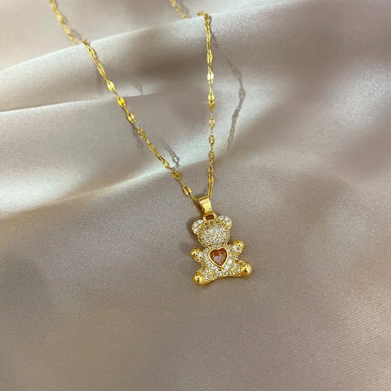 Korean Style Cute Bear Full Crystal Pendant Necklace for Women