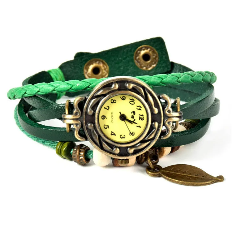 Lackingone quartz watch christmas gift Hot Sale Original Genuine Leather Vintage watch women Bracelet Leaf Pendant