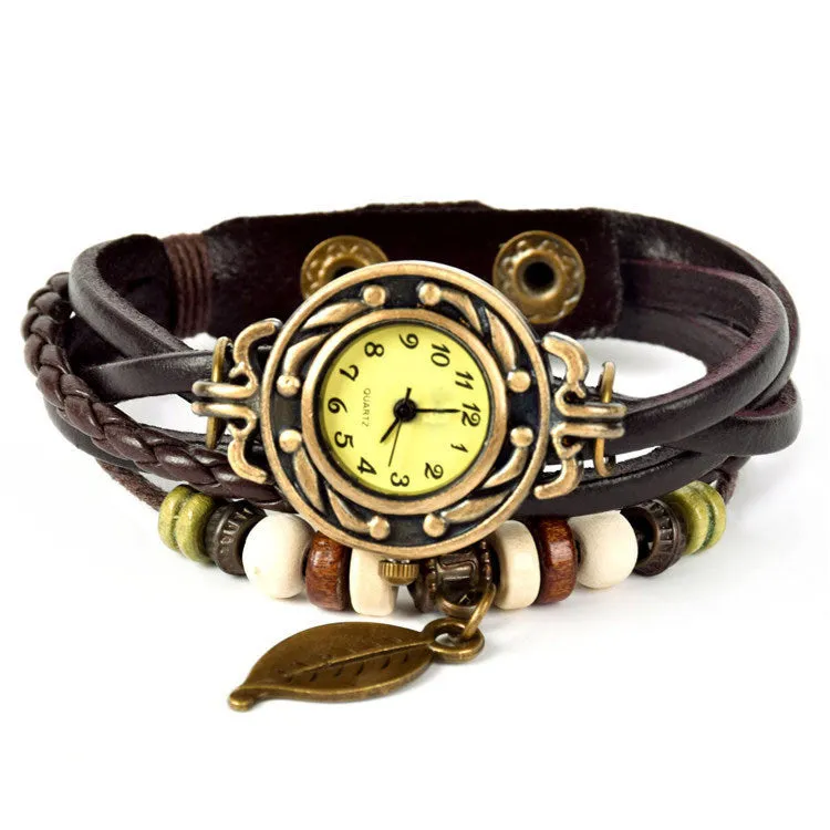 Lackingone quartz watch christmas gift Hot Sale Original Genuine Leather Vintage watch women Bracelet Leaf Pendant