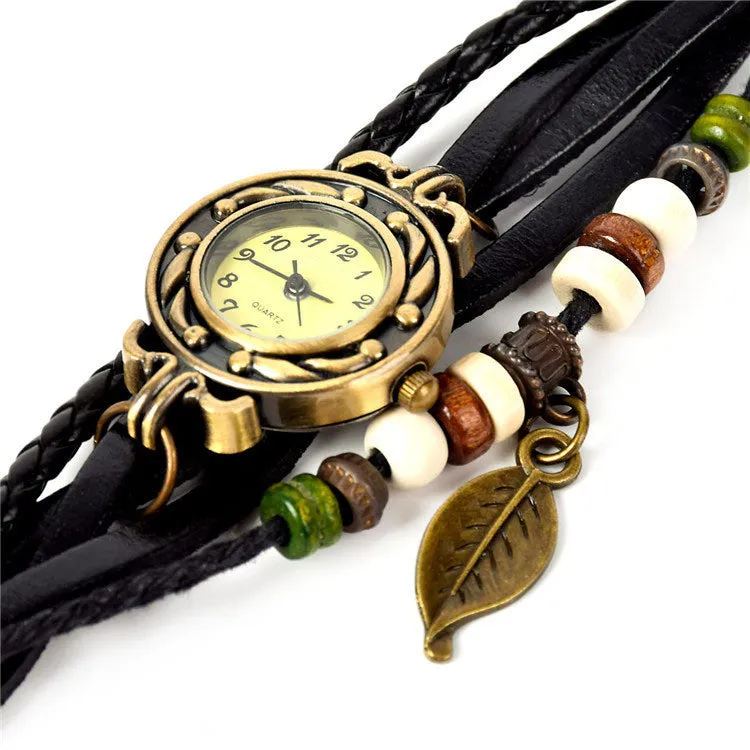 Lackingone quartz watch christmas gift Hot Sale Original Genuine Leather Vintage watch women Bracelet Leaf Pendant