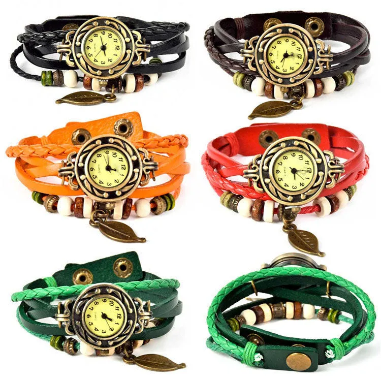 Lackingone quartz watch christmas gift Hot Sale Original Genuine Leather Vintage watch women Bracelet Leaf Pendant