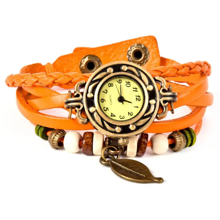 Lackingone quartz watch christmas gift Hot Sale Original Genuine Leather Vintage watch women Bracelet Leaf Pendant