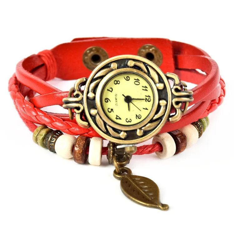 Lackingone quartz watch christmas gift Hot Sale Original Genuine Leather Vintage watch women Bracelet Leaf Pendant