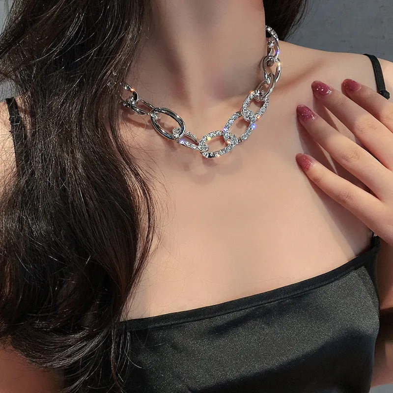 Link Chain Rhinestone Choker Necklaces for Women