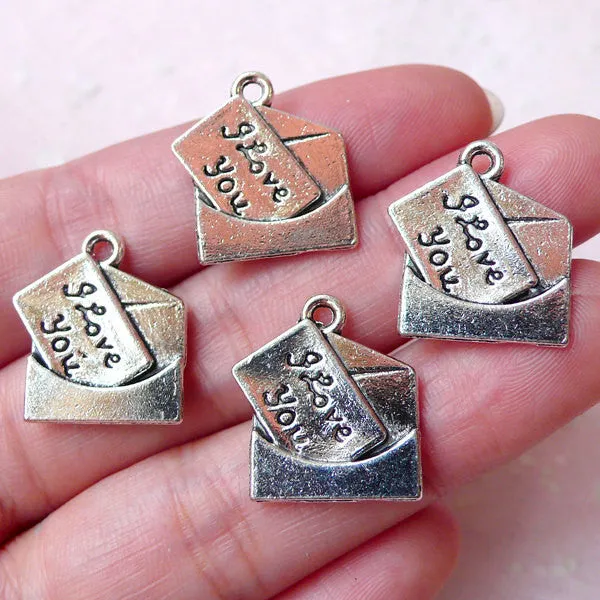 Love Letter Charms I Love You Charm (4pcs / 16mm x 18mm / Tibetan Silver) Valentines Day Favor Charm Necklace Bracelet Bookmark CHM1393