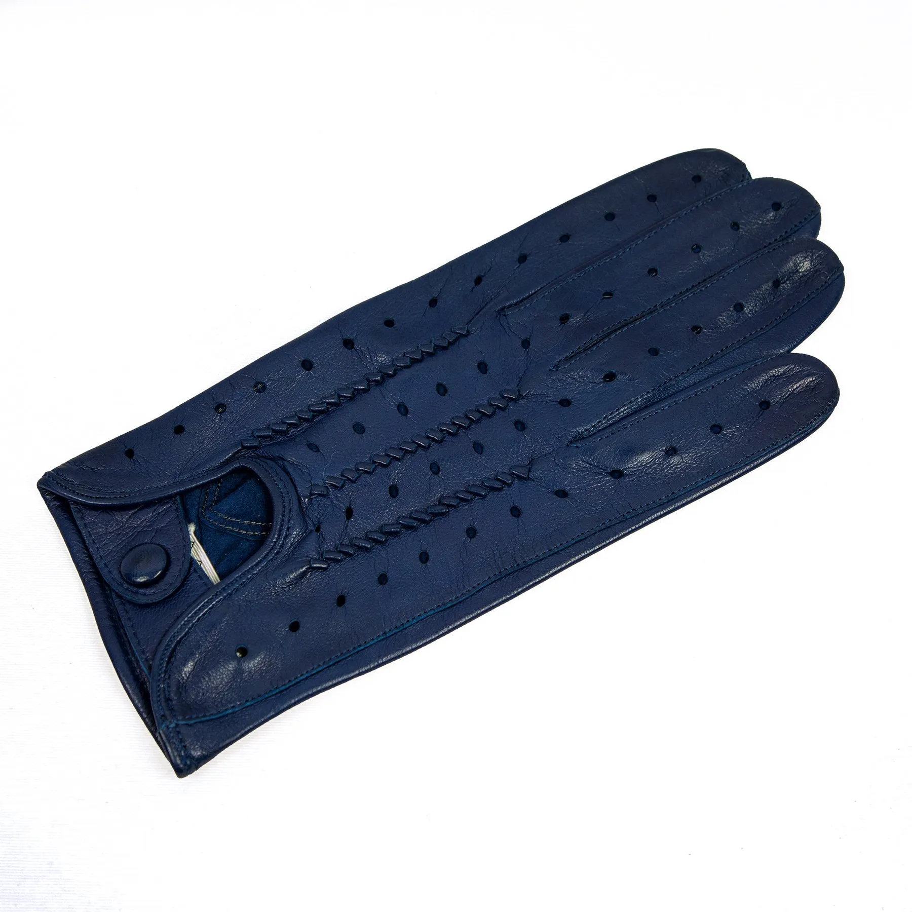 Men's blue leather driving gloves with button closure