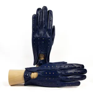 Men's blue leather driving gloves with button closure