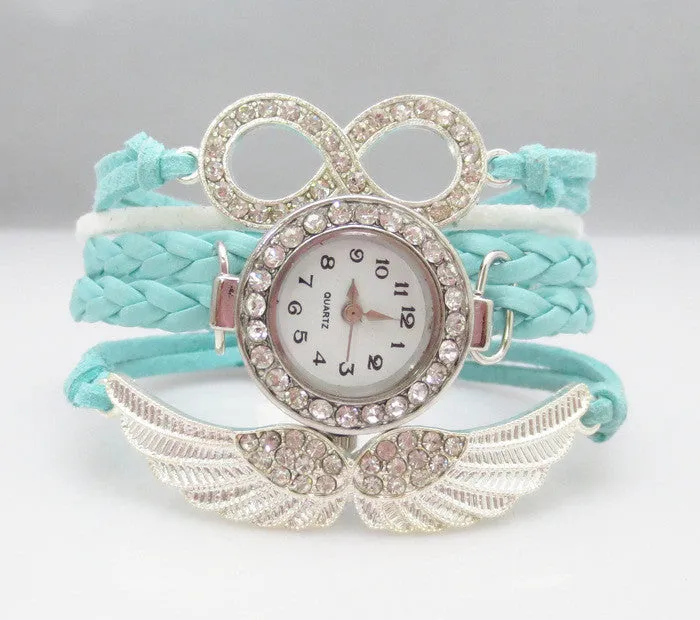 New Fashion 8 Letter Wing Bracelet Watch Women Rhinestone Leather Strap Quartz Dress Watches Ladies Wristwatches