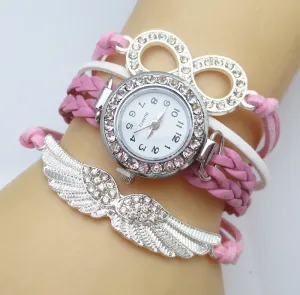 New Fashion 8 Letter Wing Bracelet Watch Women Rhinestone Leather Strap Quartz Dress Watches Ladies Wristwatches