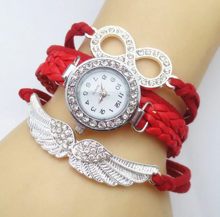New Fashion 8 Letter Wing Bracelet Watch Women Rhinestone Leather Strap Quartz Dress Watches Ladies Wristwatches