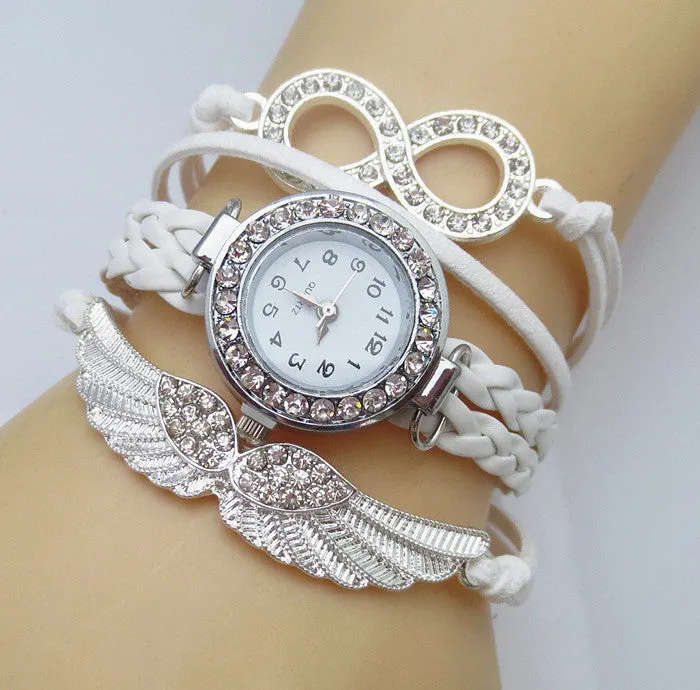 New Fashion 8 Letter Wing Bracelet Watch Women Rhinestone Leather Strap Quartz Dress Watches Ladies Wristwatches