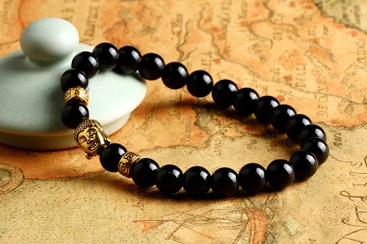 New Fashion Men's Bracelet Gold Silver Buddha skull Elastic Black Color Beaded Tibet Charm Lucky bracelets for women
