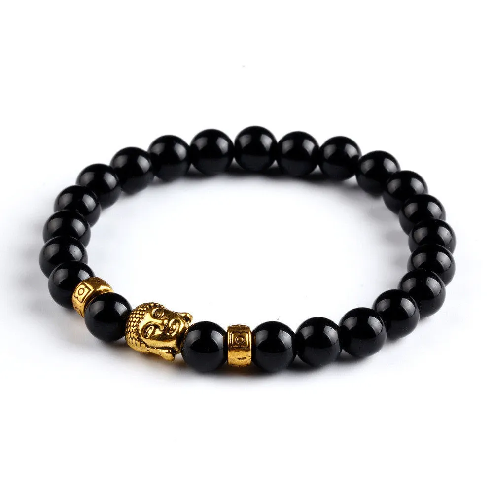 New Fashion Men's Bracelet Gold Silver Buddha skull Elastic Black Color Beaded Tibet Charm Lucky bracelets for women