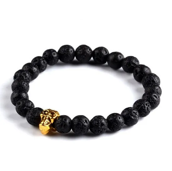 New Fashion Men's Bracelet Gold Silver Buddha skull Elastic Black Color Beaded Tibet Charm Lucky bracelets for women