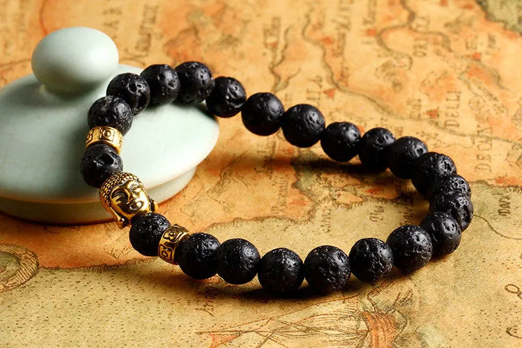 New Fashion Men's Bracelet Gold Silver Buddha skull Elastic Black Color Beaded Tibet Charm Lucky bracelets for women