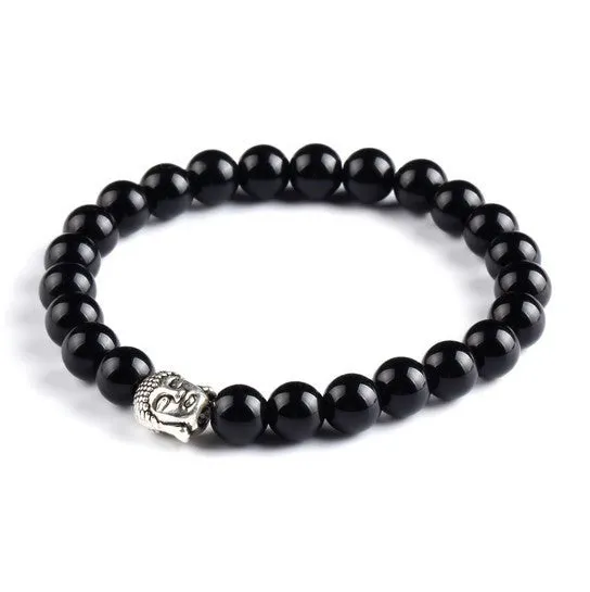 New Fashion Men's Bracelet Gold Silver Buddha skull Elastic Black Color Beaded Tibet Charm Lucky bracelets for women