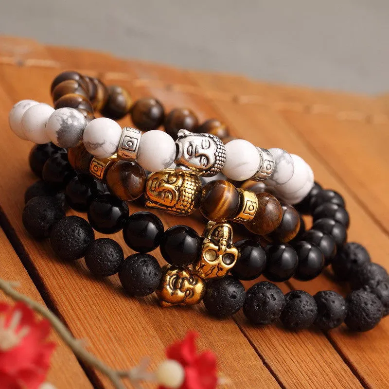 New Fashion Men's Bracelet Gold Silver Buddha skull Elastic Black Color Beaded Tibet Charm Lucky bracelets for women