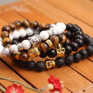 New Fashion Men's Bracelet Gold Silver Buddha skull Elastic Black Color Beaded Tibet Charm Lucky bracelets for women