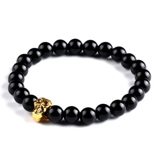 New Fashion Men's Bracelet Gold Silver Buddha skull Elastic Black Color Beaded Tibet Charm Lucky bracelets for women