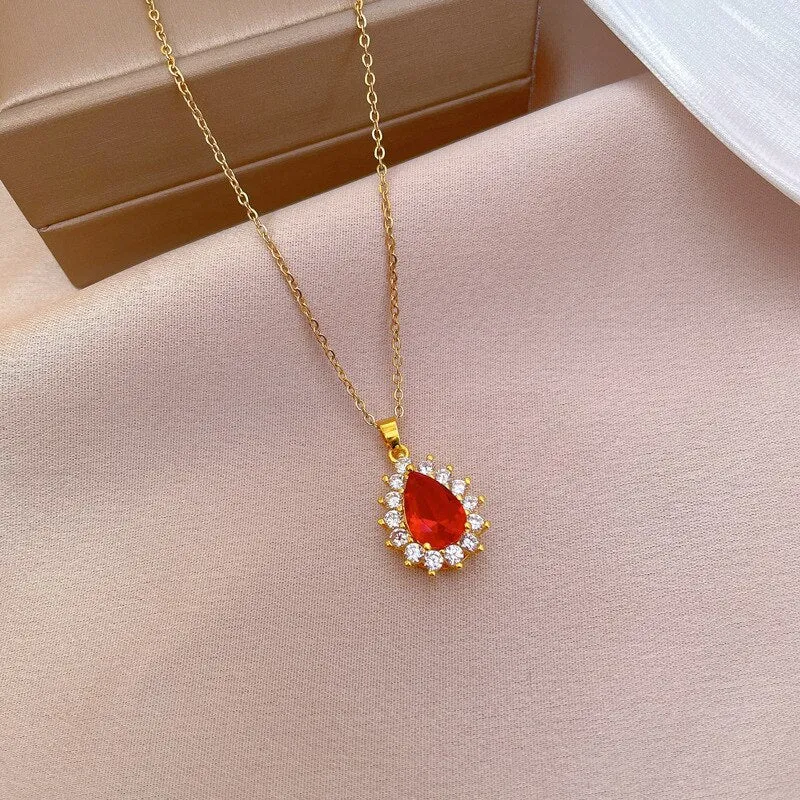 New Fashion Red Crystal Water Drop Necklace for Women