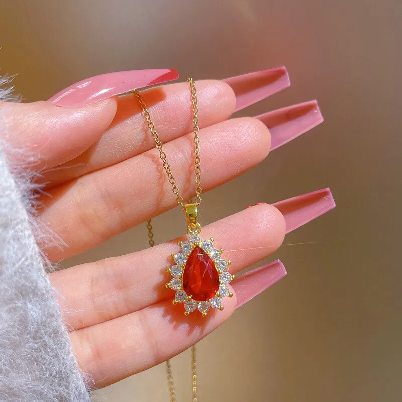 New Fashion Red Crystal Water Drop Necklace for Women