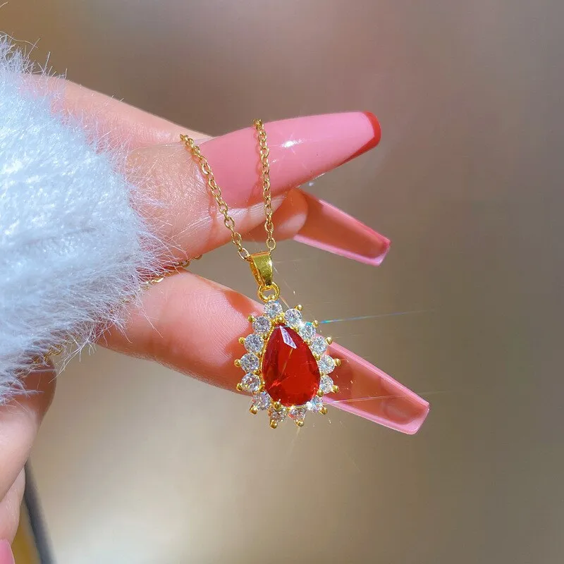 New Fashion Red Crystal Water Drop Necklace for Women