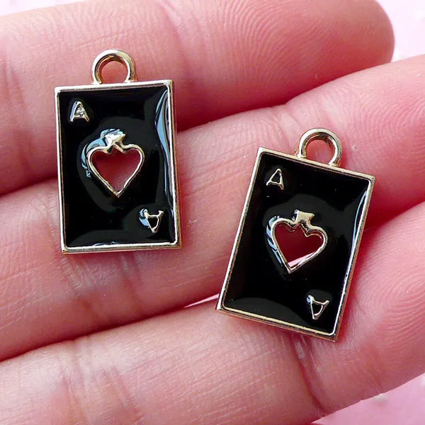Poker Playing Card Charms / Ace of Spade Enamel Charm (2pcs / 11mm x 18mm / Gold & Black) Alice in Wonderland Zipper Pull Charm CHM1695