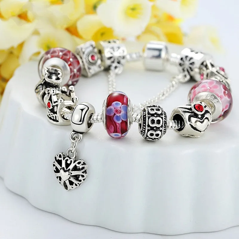 Queen Jewelry Silver Charms Bracelet & Bangles With Queen Crown Beads Bracelet for Women