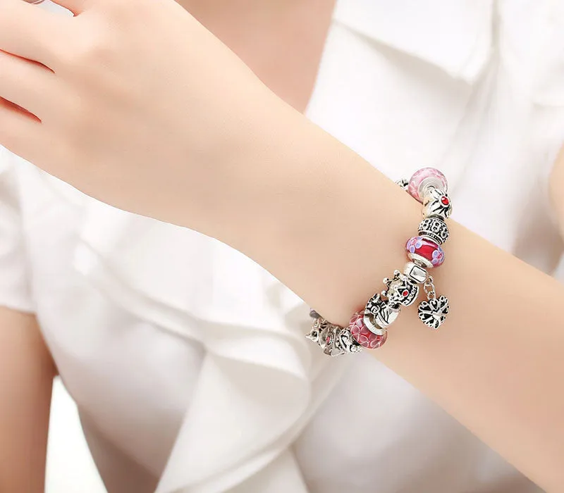 Queen Jewelry Silver Charms Bracelet & Bangles With Queen Crown Beads Bracelet for Women