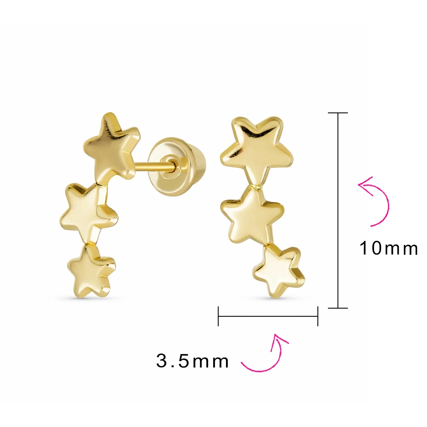 Solar Fun Celestial Patriotic 3 Star Stud Earrings in 14K Yellow Gold