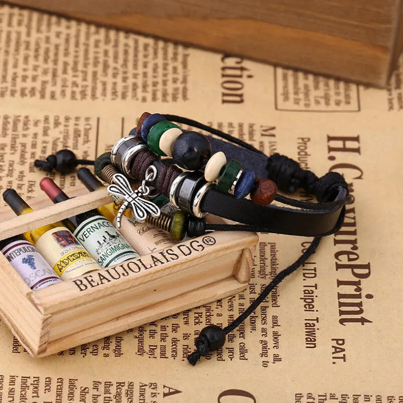 Tibetan Designer Vintage Adjustable Women Cuff Wristband Bracelets Dragonfly Pendants Genuine Black Leather Hand Wrap Bracelets
